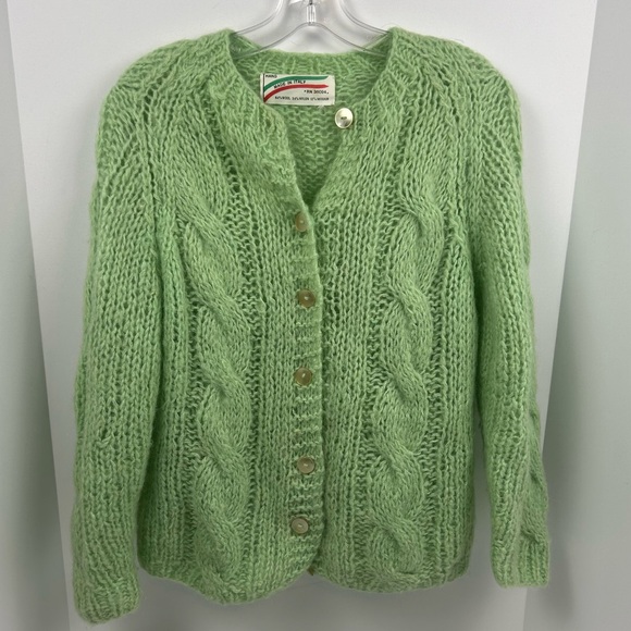 Sweaters - Vintage 1960s Spearmint Green Wool Mohair Cardigan Sweater Women's M